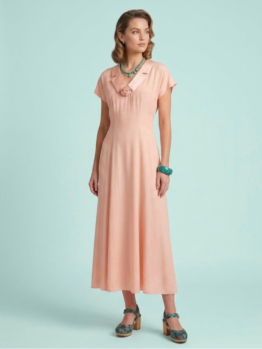 Vintage 90s does 40s Wild Rose Peach Rosette Collar Swing Tea Dress Size 12 NWT